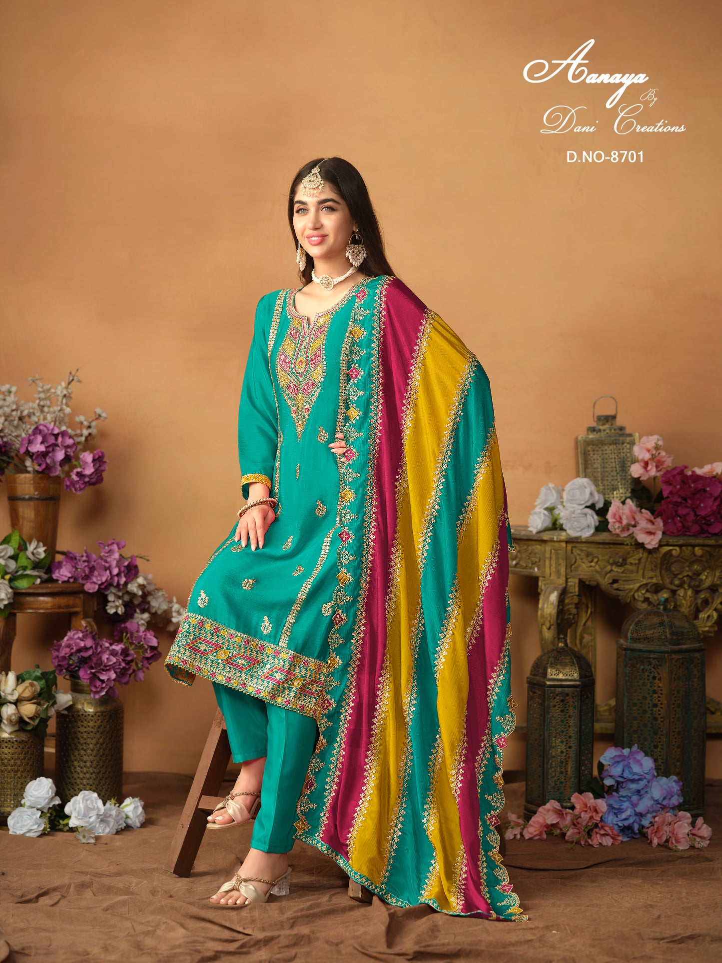 Designer Chinnon Silk Embroidered Suit Set