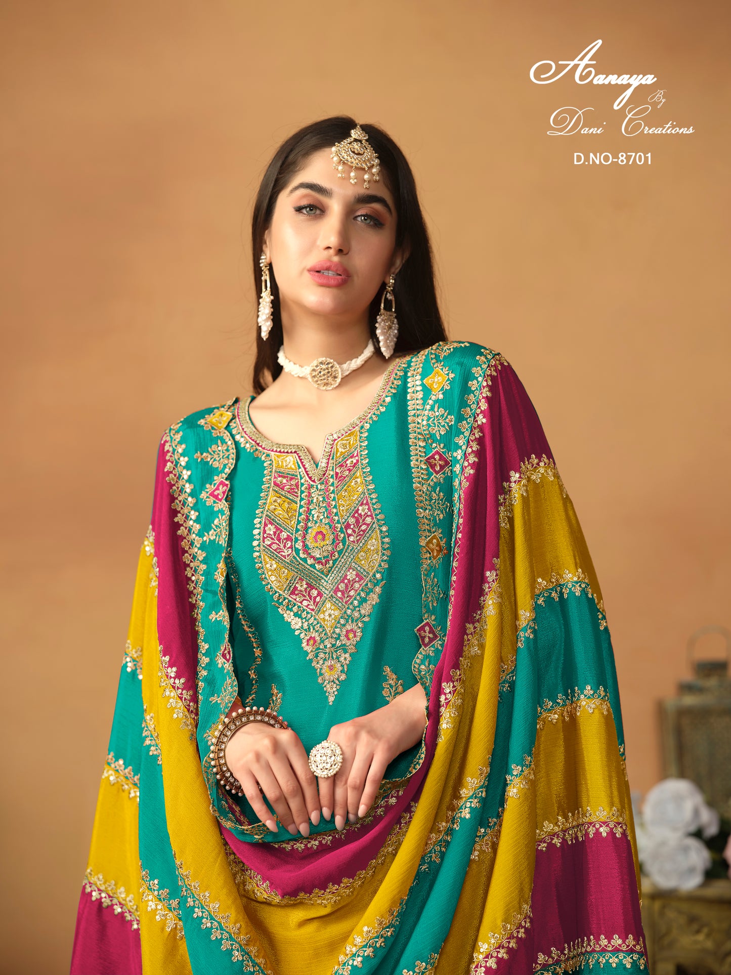 Designer Chinnon Silk Embroidered Suit Set