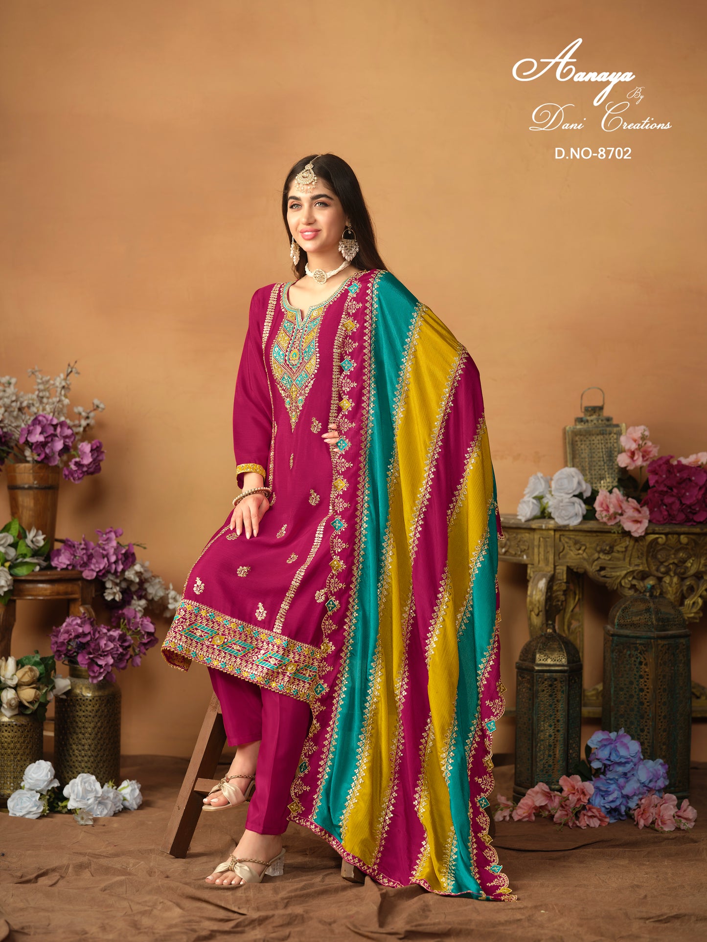 Designer Chinnon Silk Embroidered Suit Set