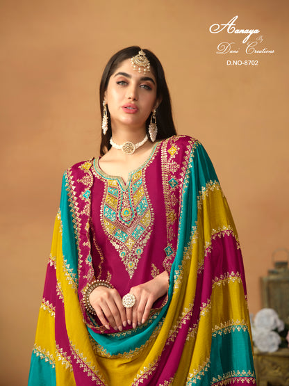 Designer Chinnon Silk Embroidered Suit Set