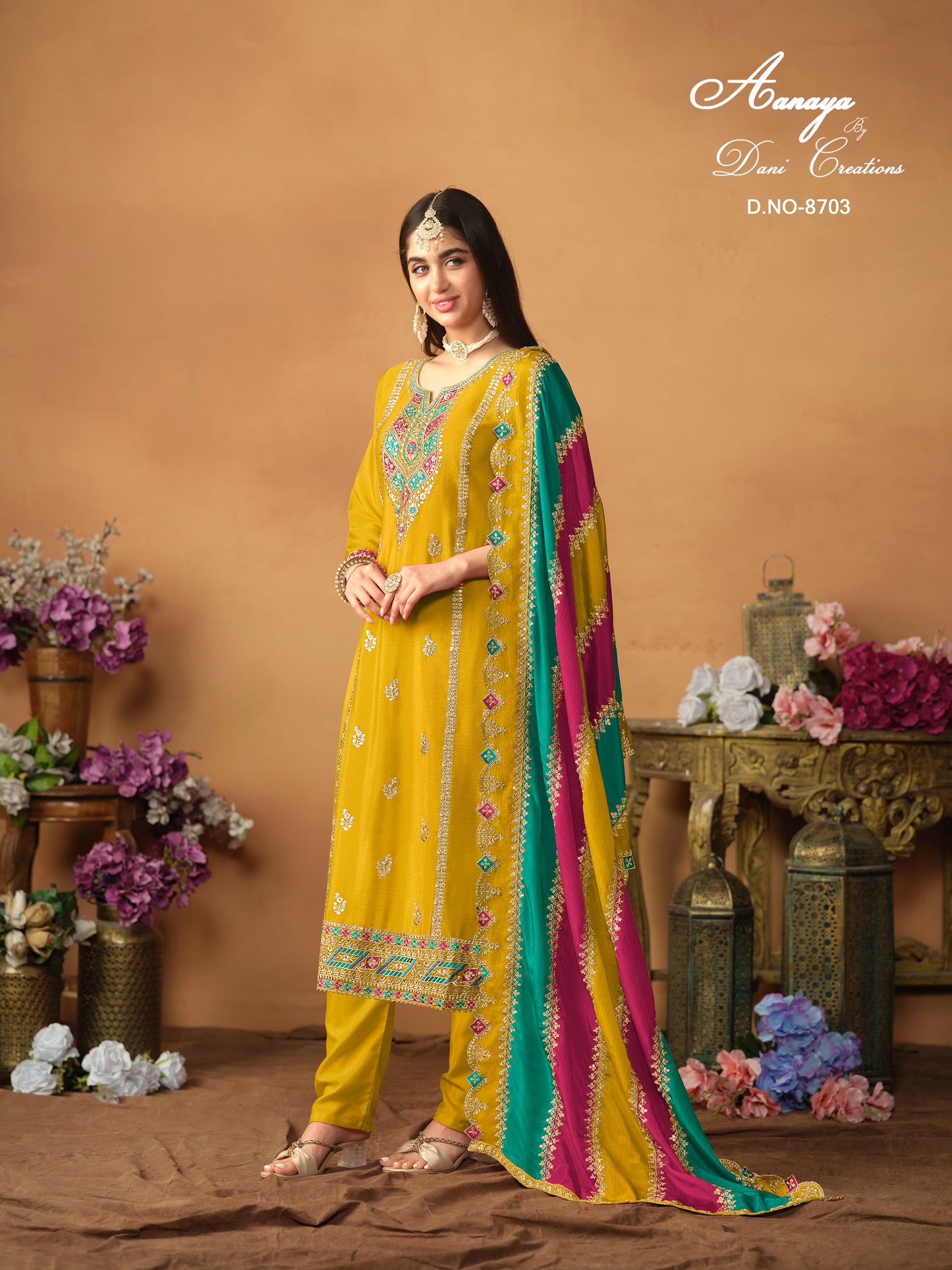 Designer Chinnon Silk Embroidered Suit Set