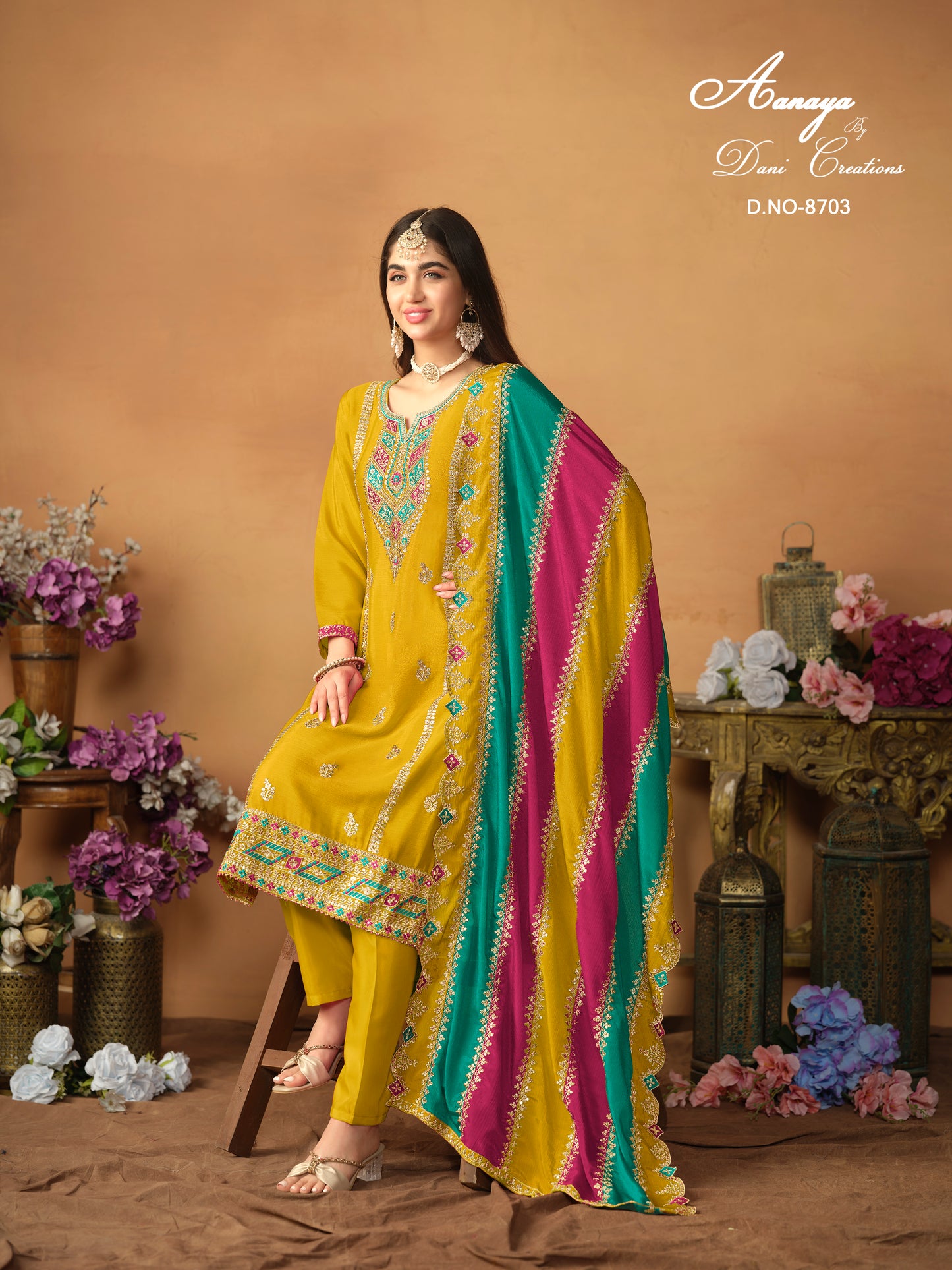 Designer Chinnon Silk Embroidered Suit Set