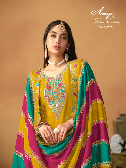 Designer Chinnon Silk Embroidered Suit Set