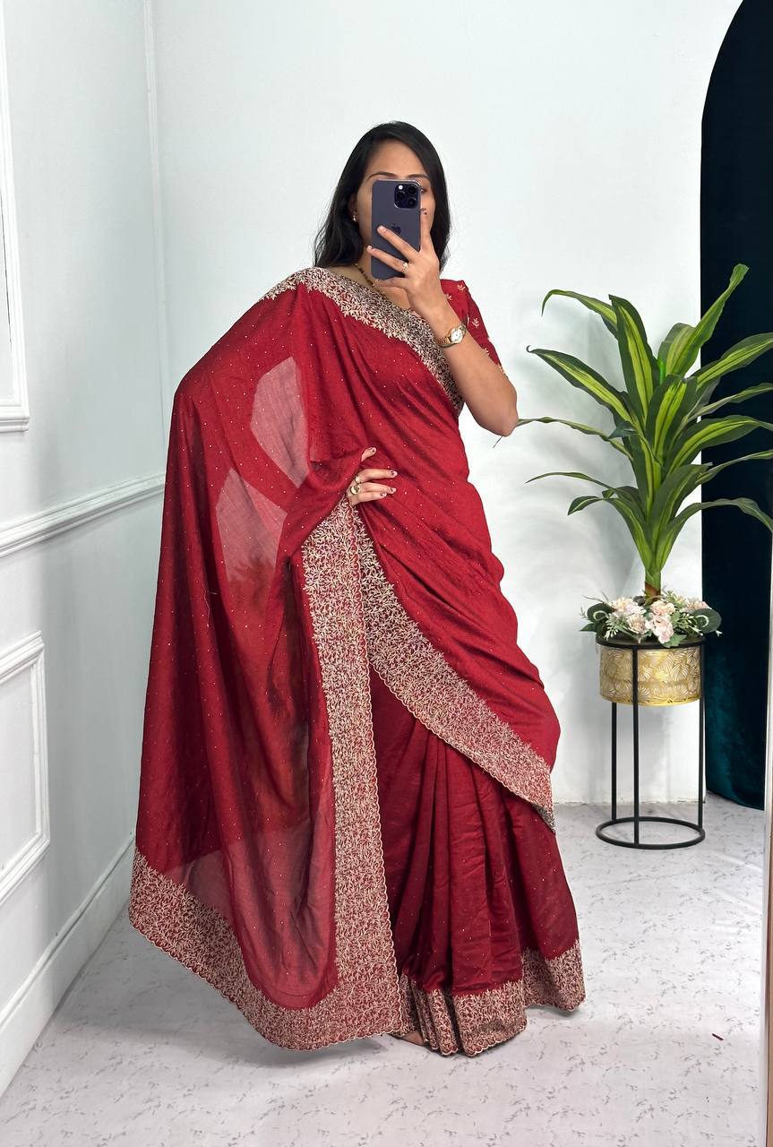 Heavy Blooming Vichitra Silk Designer Saree