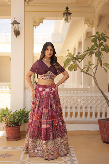 Digital Print Foil Embroidery Silk Lehenga Choli