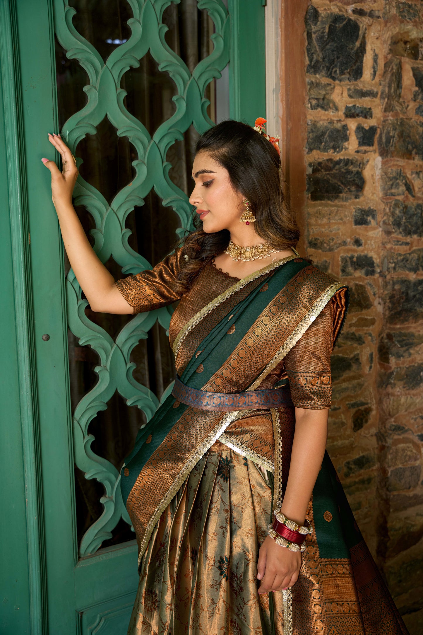 Party Wear Silk Weaving Green Lehenga