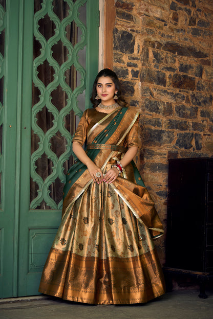 Party Wear Silk Weaving Green Lehenga