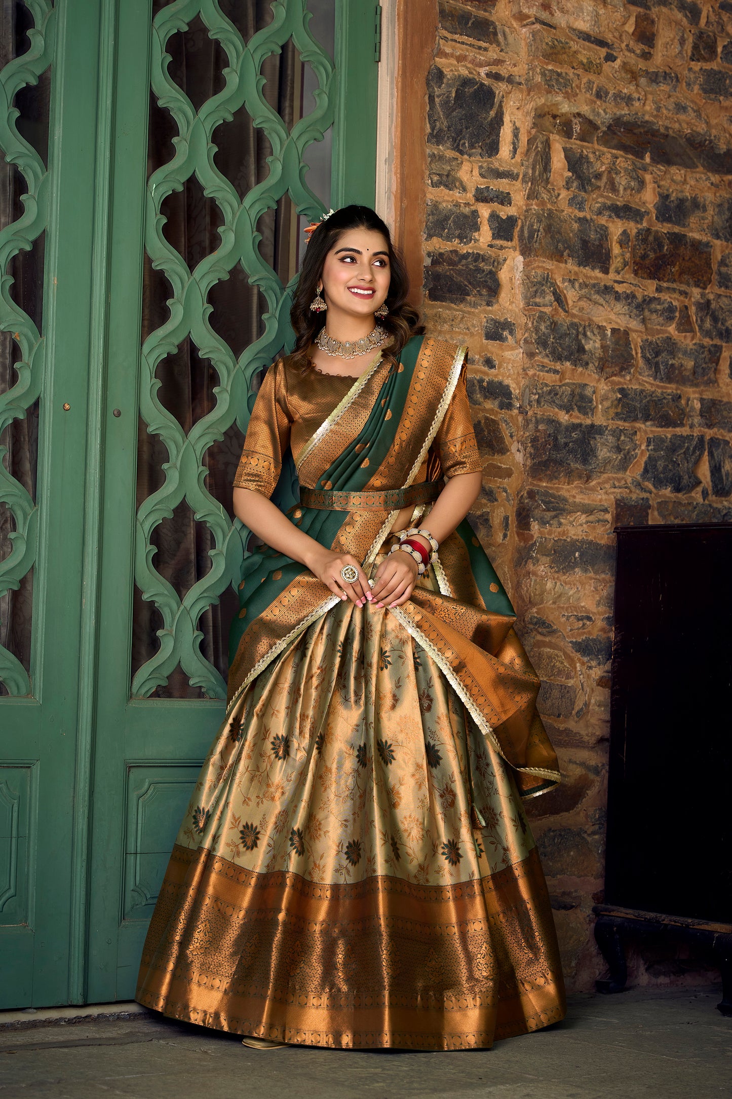 Party Wear Silk Weaving Green Lehenga