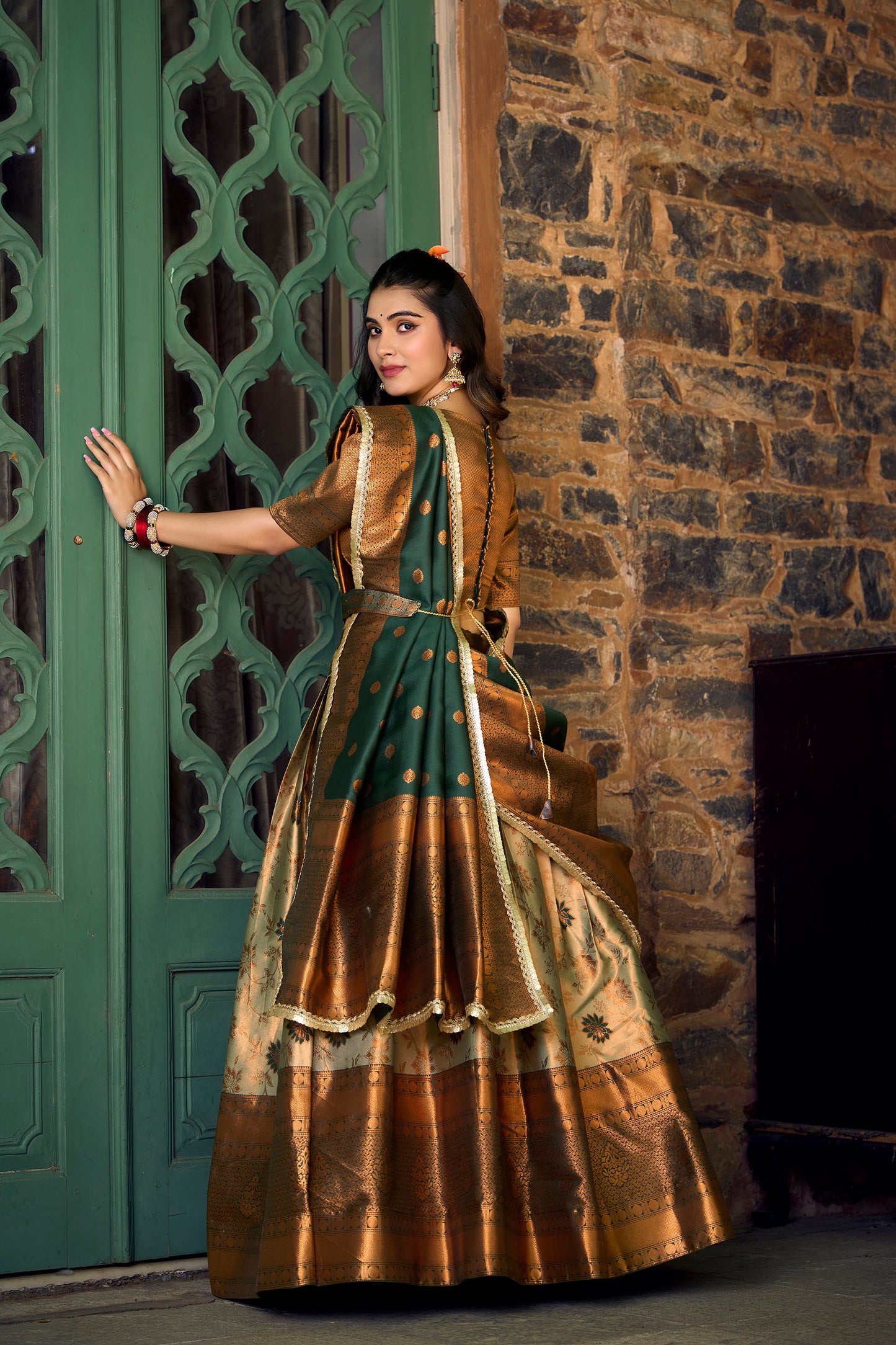 Party Wear Silk Weaving Green Lehenga