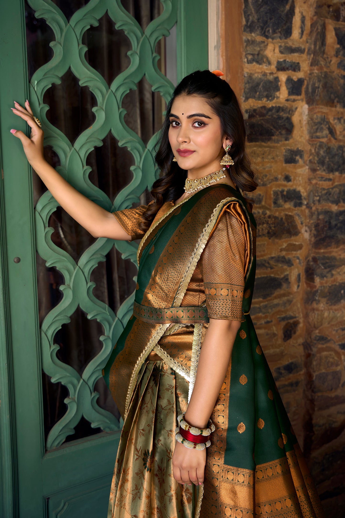 Party Wear Silk Weaving Green Lehenga