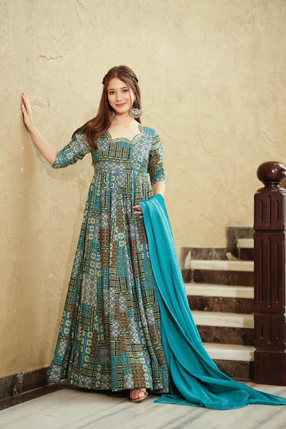 Sky Blue Heavy Digital Printed Anarkali Gown