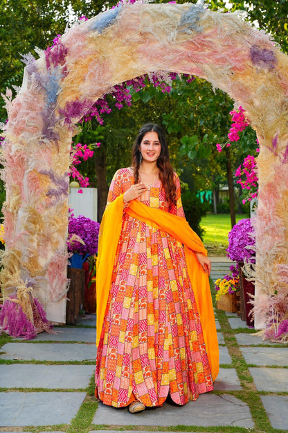 Orange Heavy Digital Printed Anarkali Gown