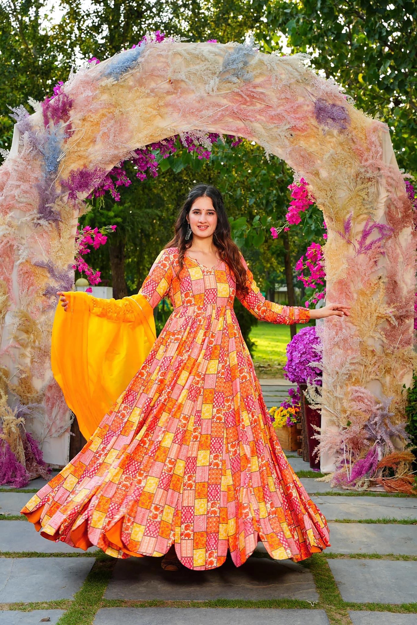 Orange Heavy Digital Printed Anarkali Gown