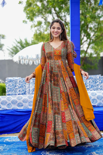 Brown Heavy Digital Printed Anarkali Gown