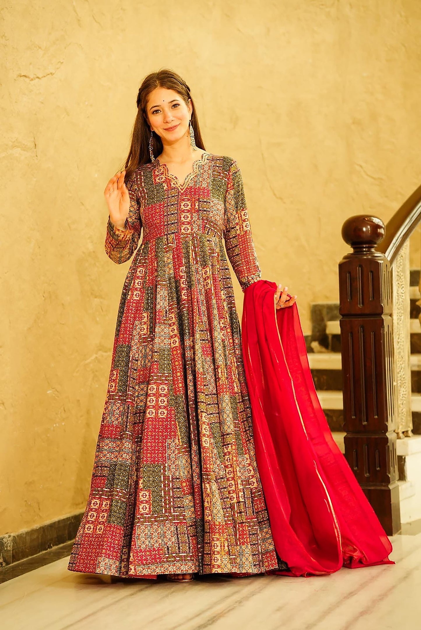 Red Heavy Digital Printed Anarkali Gown