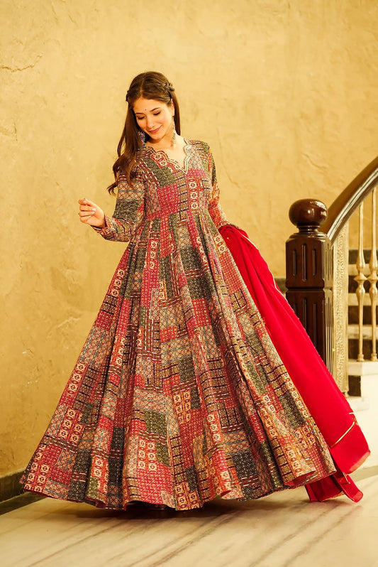 Red Heavy Digital Printed Anarkali Gown