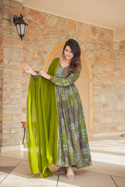 Green Heavy Digital Printed Anarkali Gown