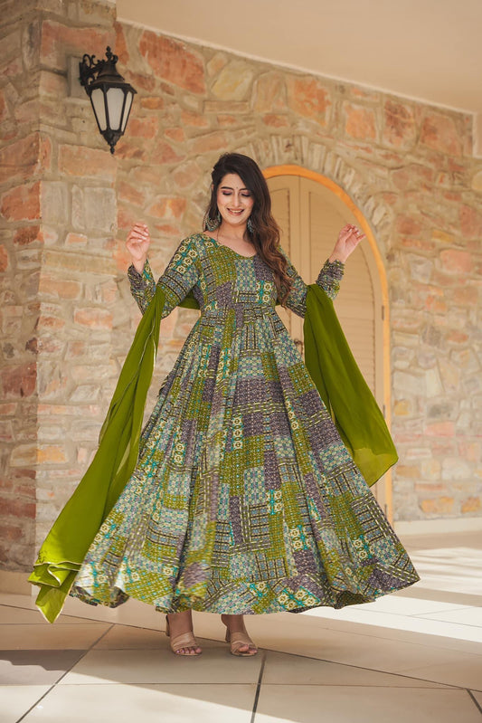 Green Heavy Digital Printed Anarkali Gown