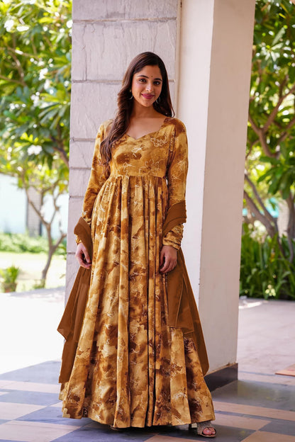 Mustard Heavy Digital Printed Anarkali Gown