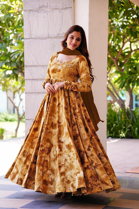 Mustard Heavy Digital Printed Anarkali Gown