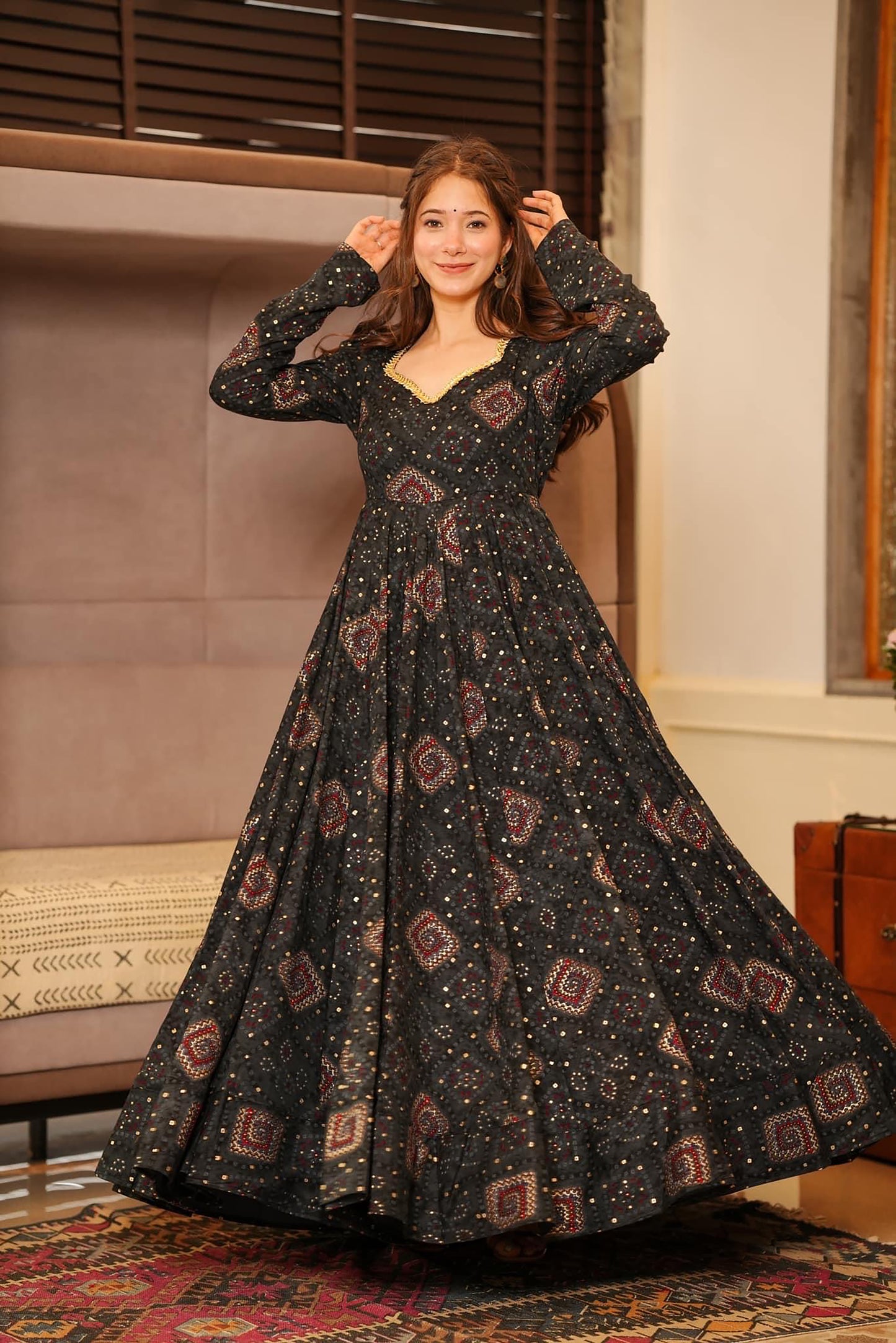 Black Heavy Digital Printed Anarkali Gown