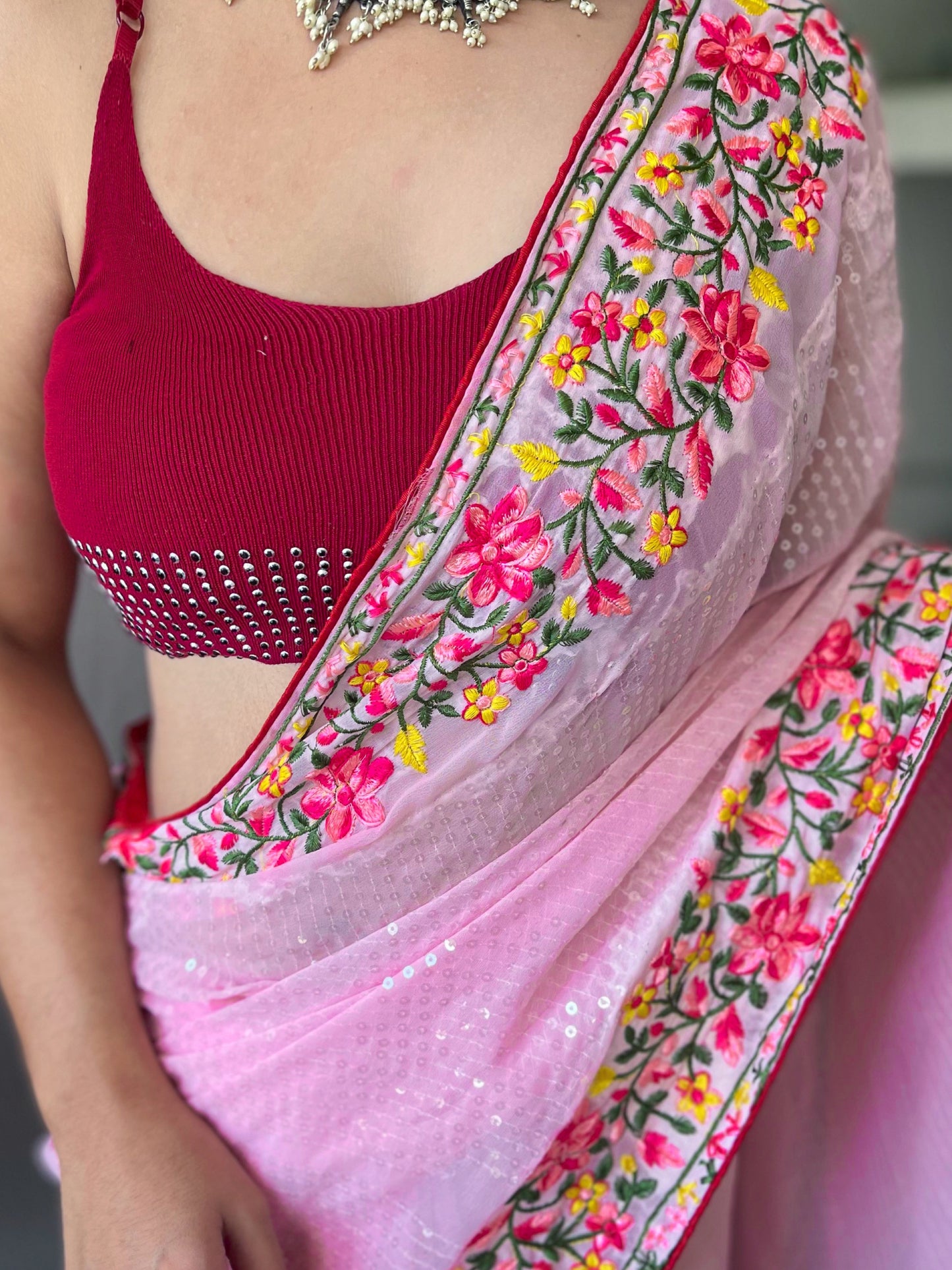 Party Wear Silk Saree With Red Blouse