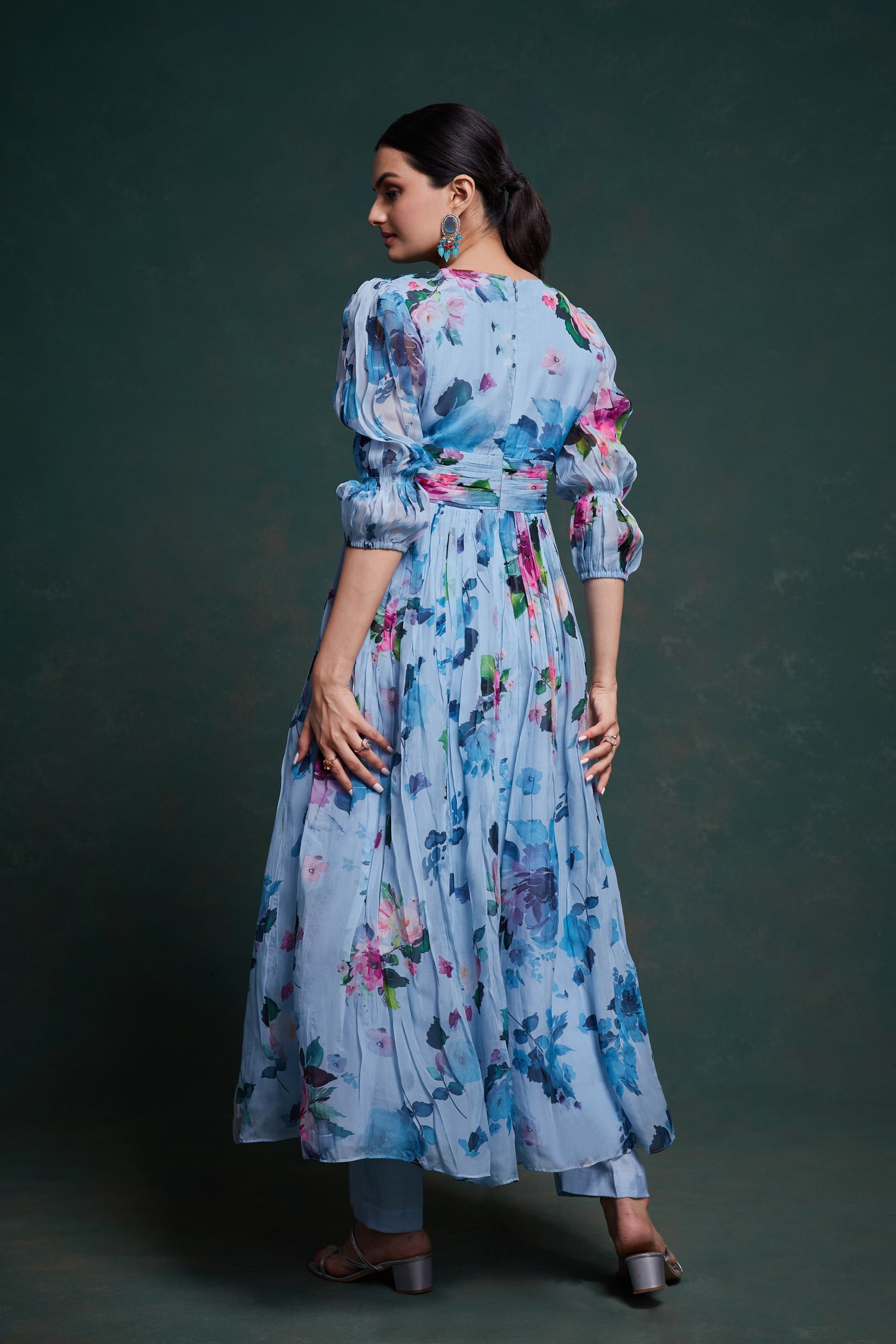 Sky Blue Floral Printed Anarkali Gown With Pant