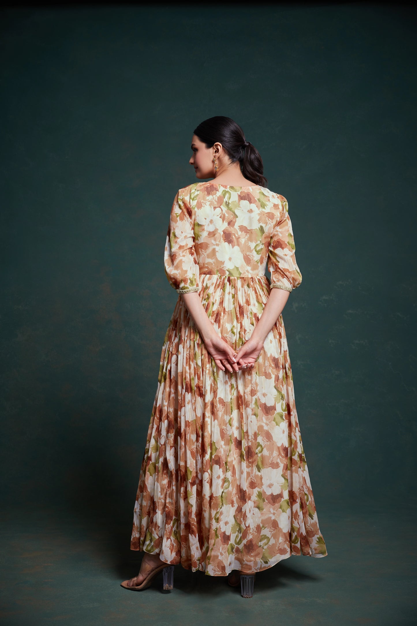 Brown Floral Printed Anarkali Gown