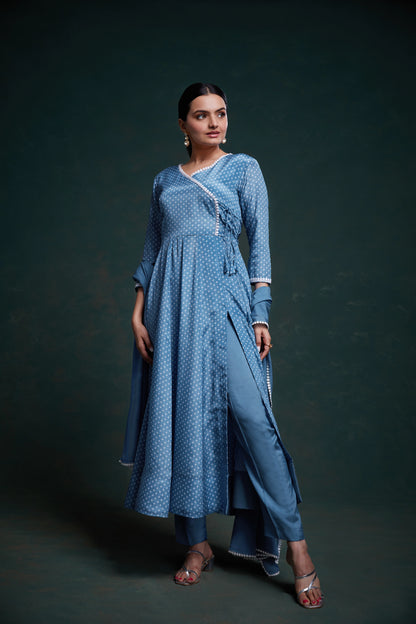 Blue Printed Anarkali Suit With Pant & Dupatta