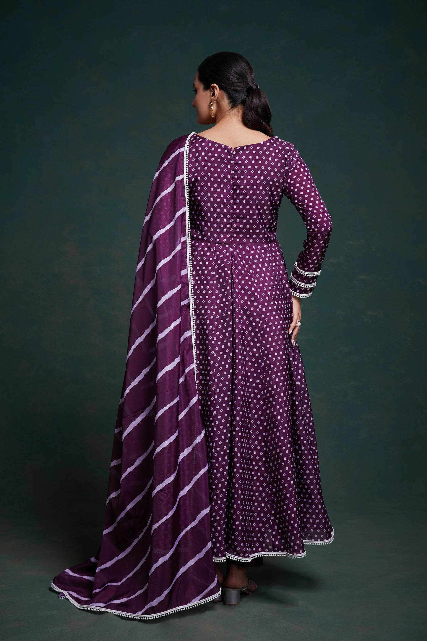 Purple Printed Anarkali Suit With Pant & Dupatta