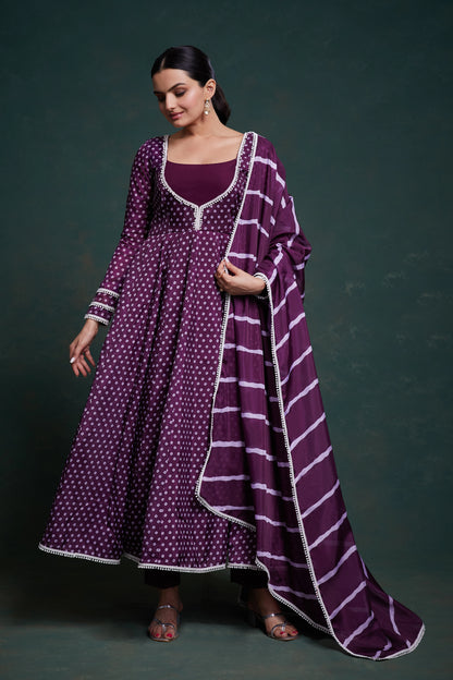 Purple Printed Anarkali Suit With Pant & Dupatta