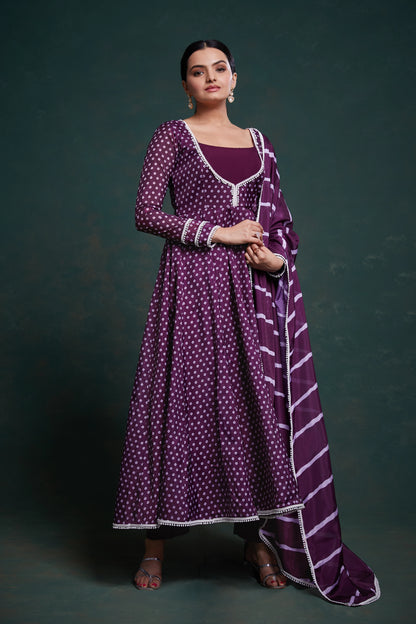 Purple Printed Anarkali Suit With Pant & Dupatta