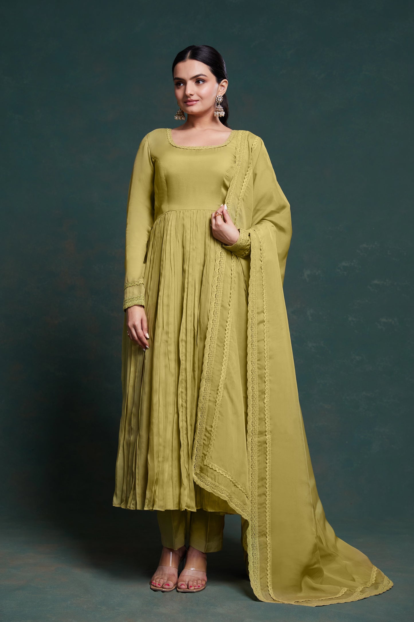 Yellow Anarkali Suit With Pant & Dupatta