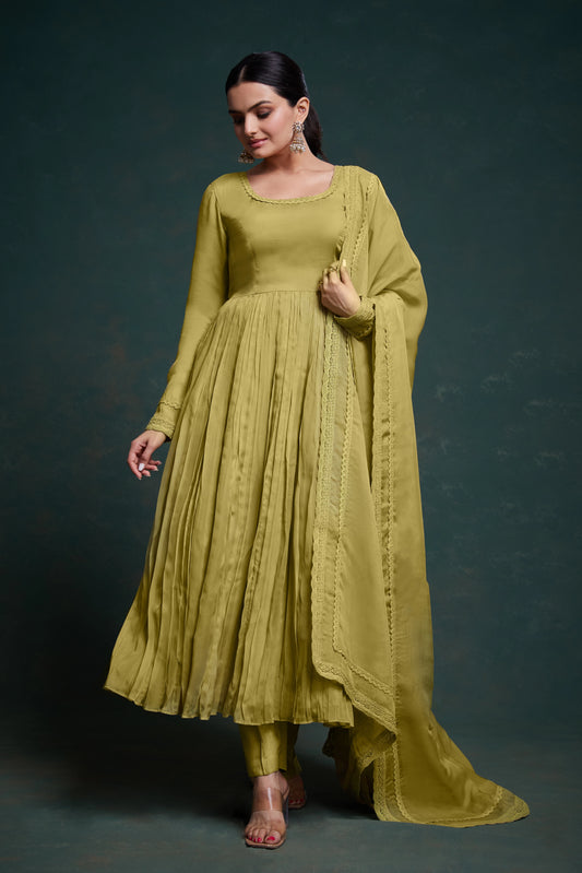 Yellow Anarkali Suit With Pant & Dupatta