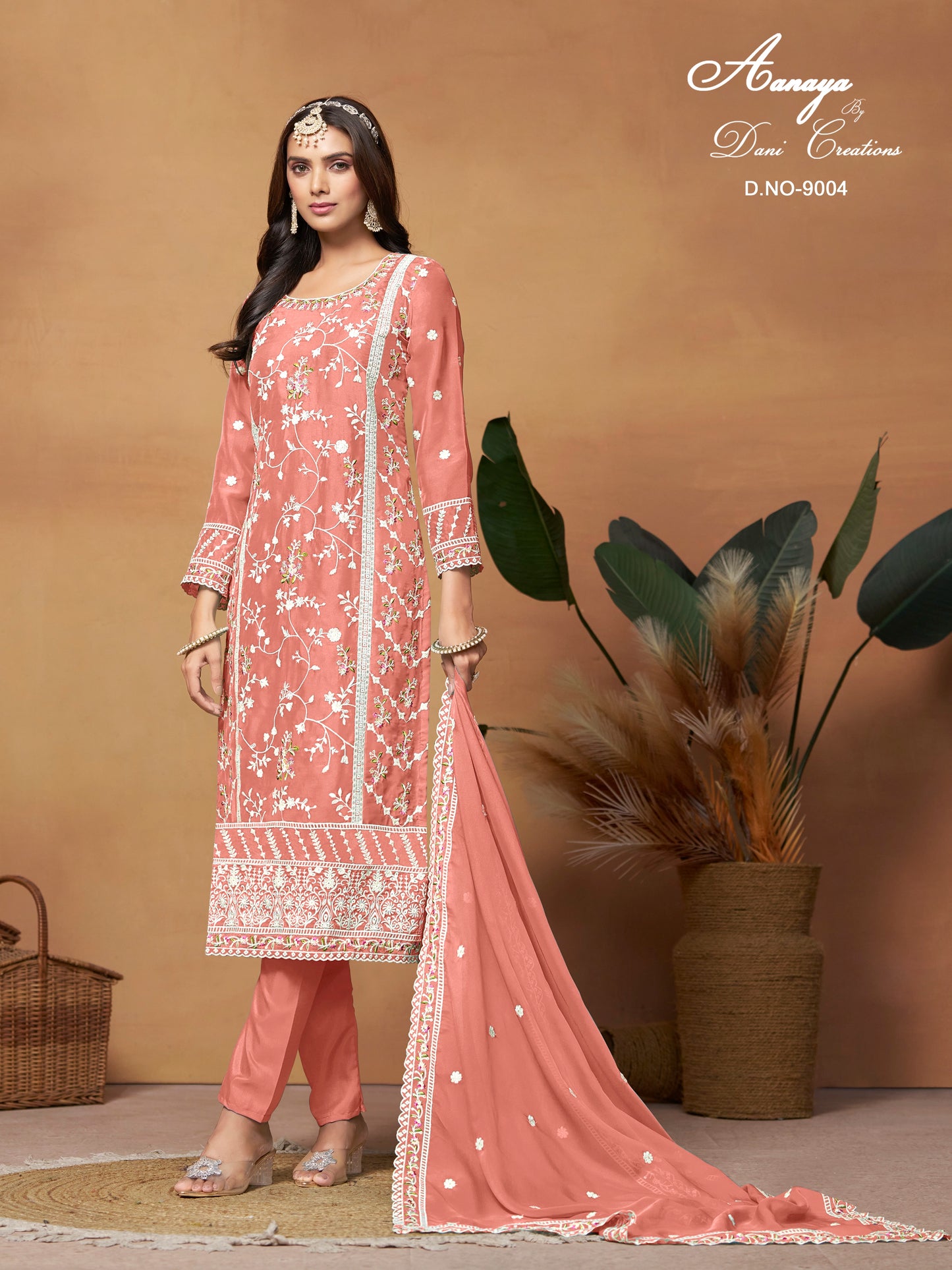 Orange Ready-Made Embroidered Salwar Suit