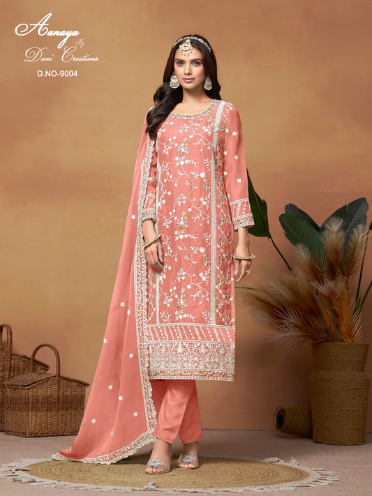 Orange Ready-Made Embroidered Salwar Suit