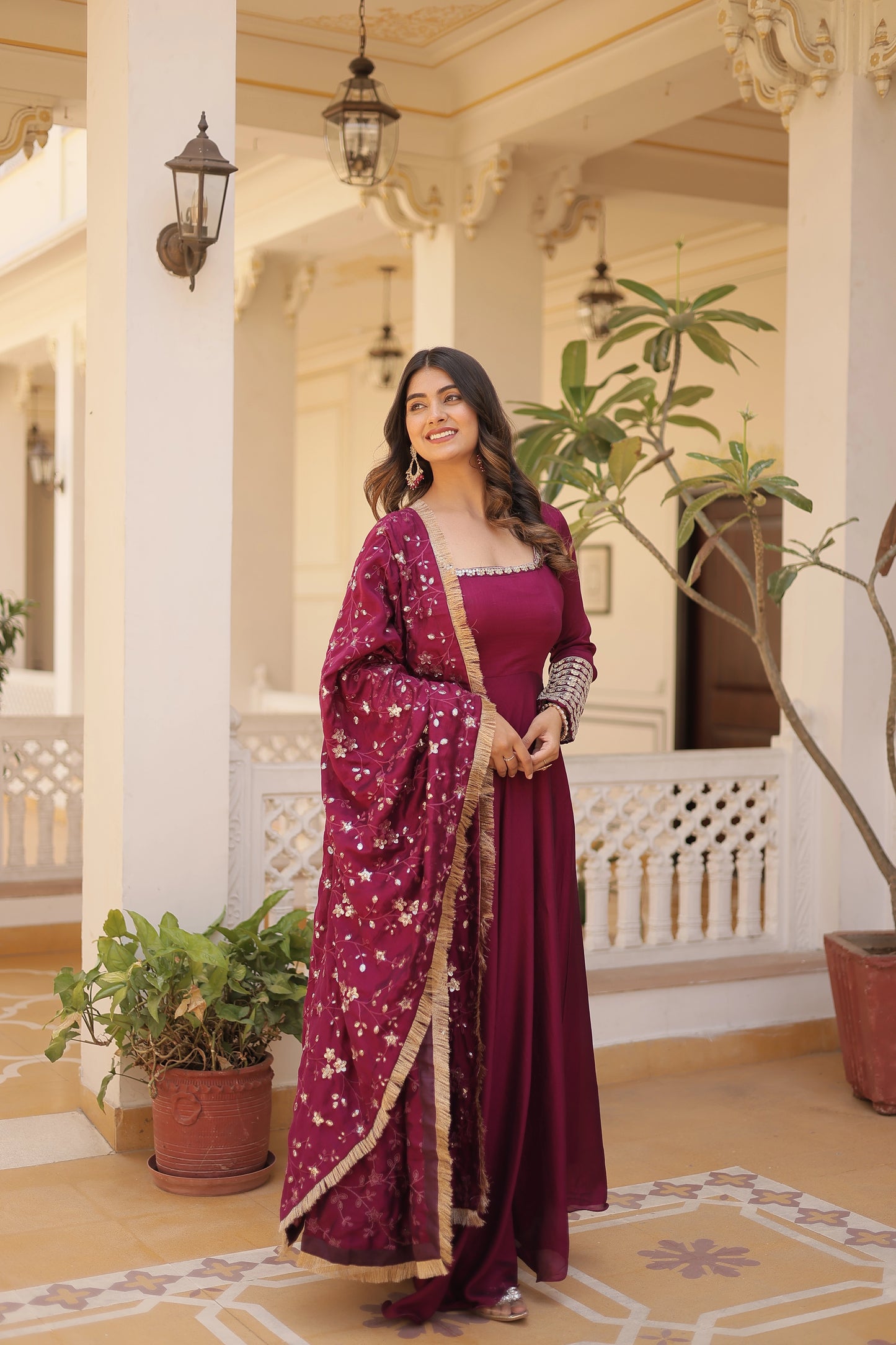 Vichitra Silk Gown With Embroidery Zari Sequins