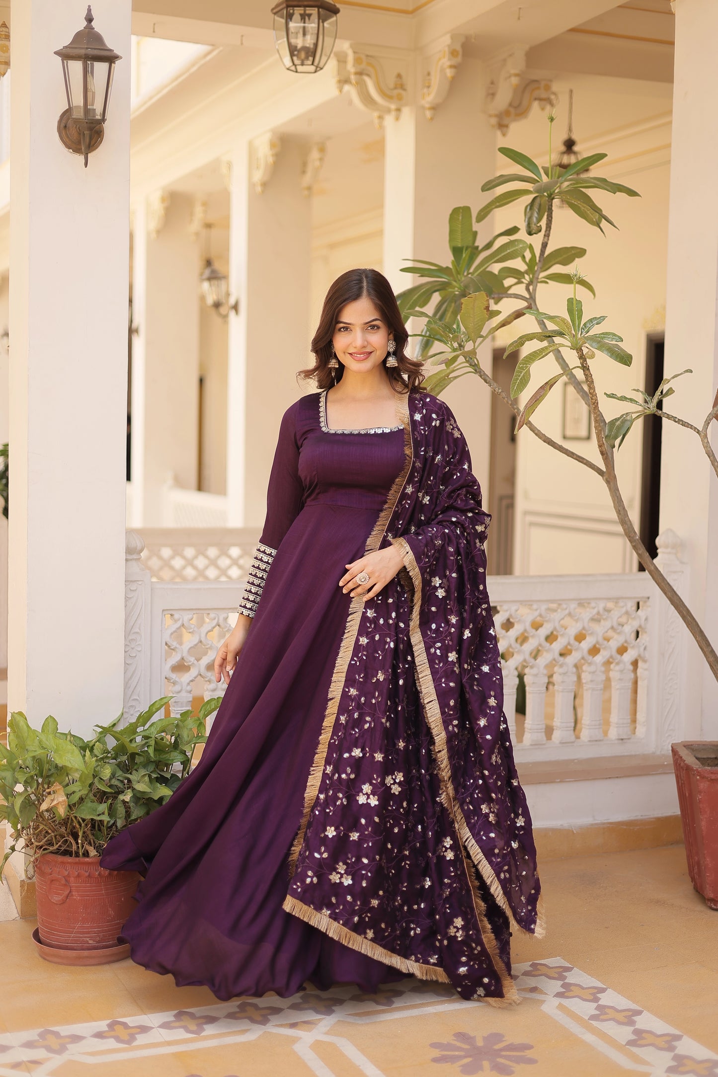 Vichitra Silk Gown With Embroidery Zari Sequins