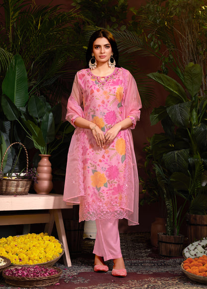 Organza Floral Digital Print with Embroidery Kurti Pant