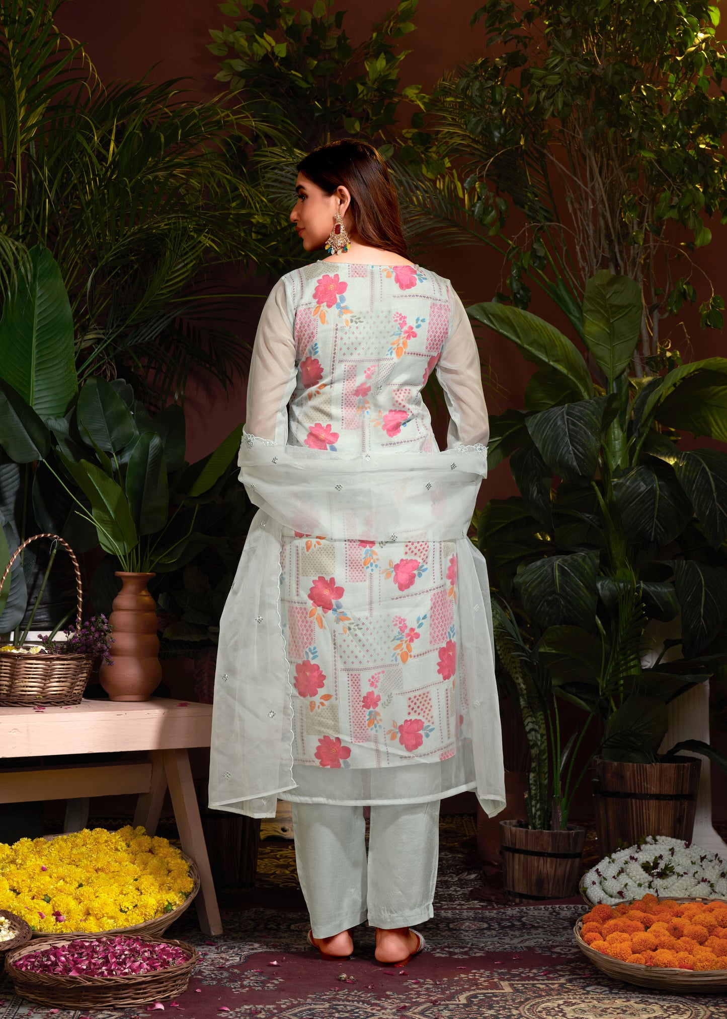 Organza Floral Digital Print with Embroidery and Hand Work Kurti Pant