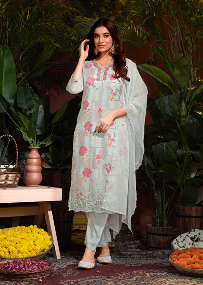 Organza Floral Digital Print with Embroidery and Hand Work Kurti Pant