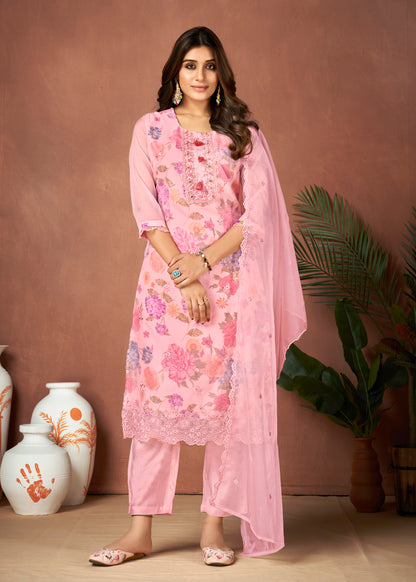 Organza Floral Digital Print with Embroidery and Hand Work Kurti Pant