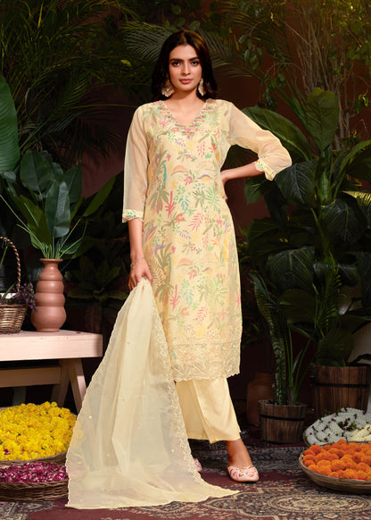 Organza Floral Digital Print with Embroidery Kurti Pant