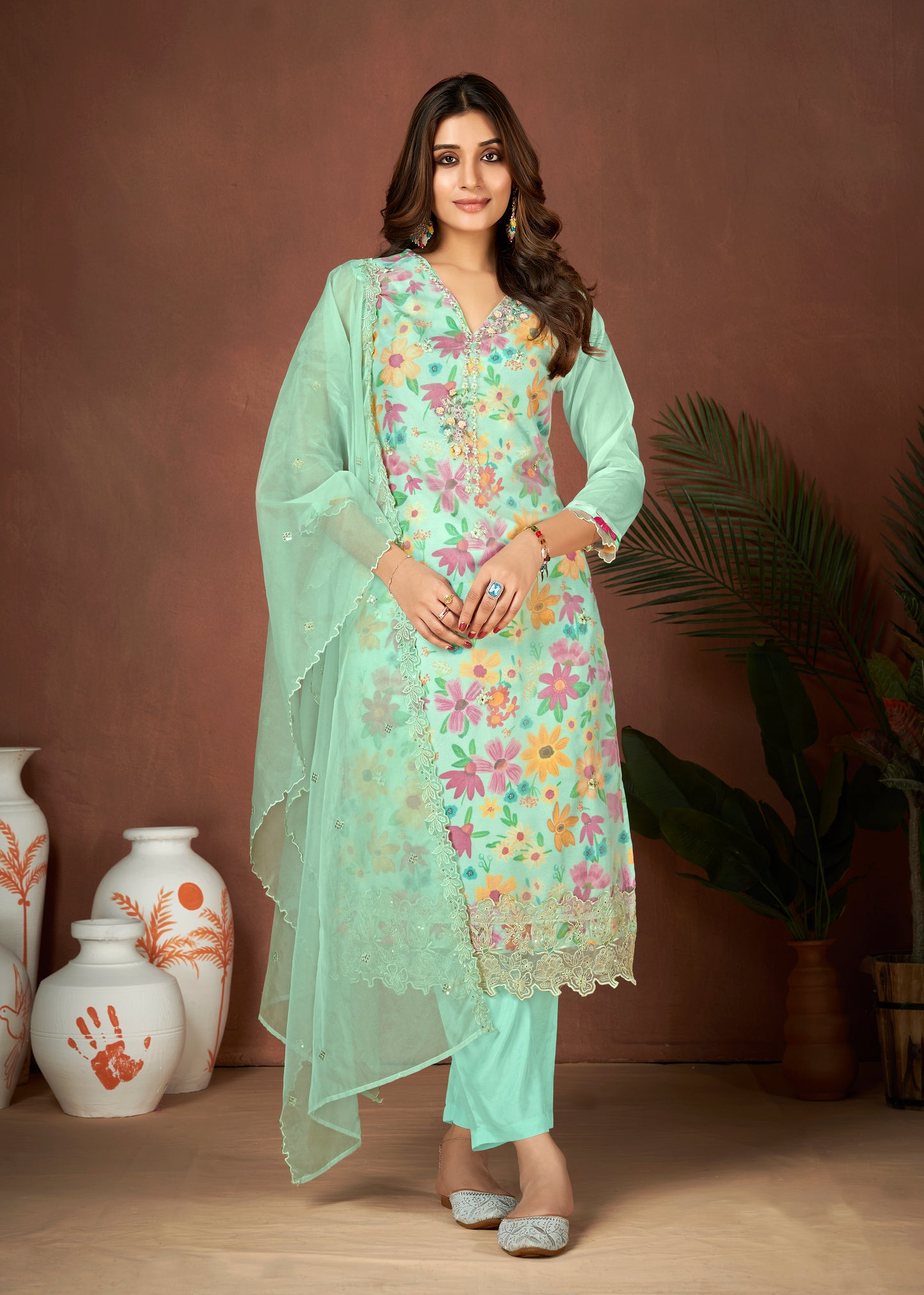 Organza Floral Digital Print with Embroidery and Hand Work Kurti Pant