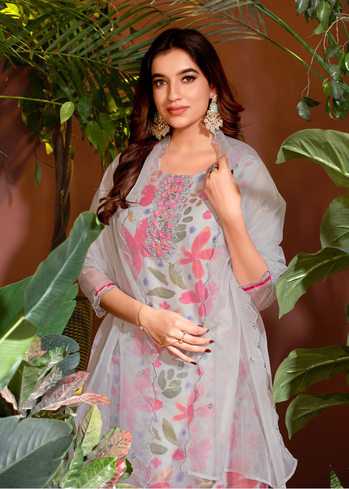 Organza Floral Digital Print with Embroidery and Hand Work Kurti Pant