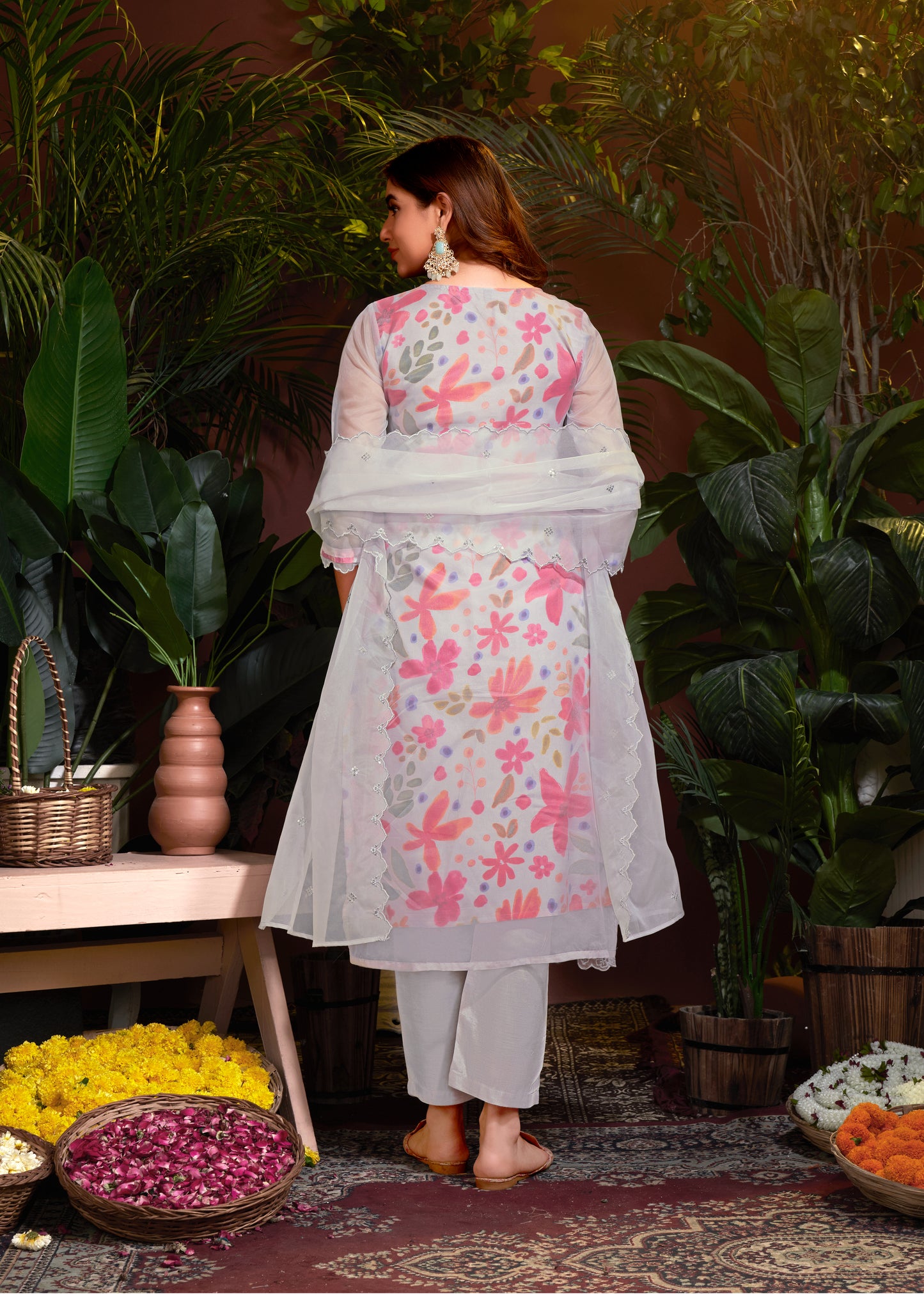 Organza Floral Digital Print with Embroidery and Hand Work Kurti Pant