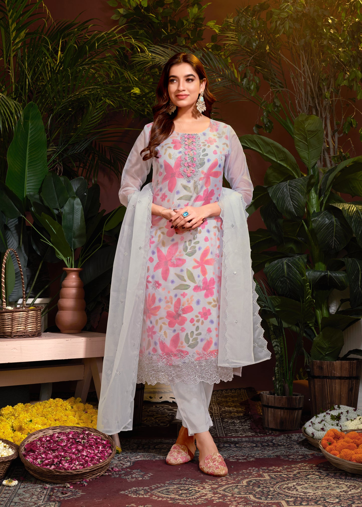 Organza Floral Digital Print with Embroidery and Hand Work Kurti Pant