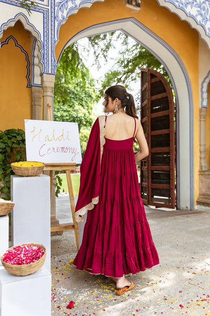 Maroon Rayon Ruffle Anarkali Suit with Dupatta