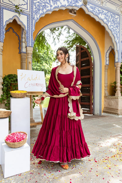 Maroon Rayon Ruffle Anarkali Suit with Dupatta