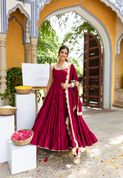 Maroon Rayon Ruffle Anarkali Suit with Dupatta